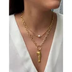 Colar Feminino Dourado Duplo com Pingentes Mar Concha Peixe - Verão Tendência - Colar Sardinha - Acessório feminino