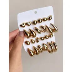Kit Brincos Femininos Dourados 6 Pares | Argolas, Gotas, Corações e Oval | Tendência 2026 - Kit de argolas
