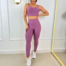 Conjunto Academia Fitness Calça Legging Cos Alto e Top Com Bojo Removível Cos Alto