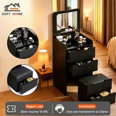 SOFTHOME Penteadeira com Espelho LED 3 Cores, 4 Gavetas e Banco Armazenado, Mesa de Maquiagem Preta para Quarto