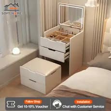 SOFTHOME Penteadeira Compacta Moderna com Espelho LED Tricolor + Banquinho com Gaveta