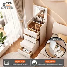 SOFTHOME Penteadeira Compacta Branca com Espelho LED 3 Tons + Banco Organizador - Ideal para Quarto Pequeno