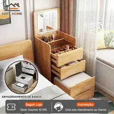 SOFTHOME Penteadeira Multifuncional com Banco Armazenável e Espelho LED para Quarto Compacto