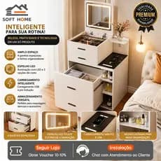 SOFTHOME Mesa de Maquiagem com Carregamento Sem Fio, Espelho LED Retrátil e Gavetas de Armazenamento