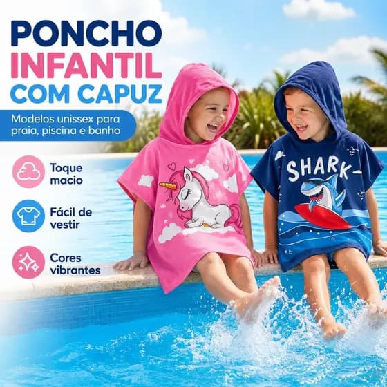 Toalha de Banho Infantil para Banho Piscina Praia com Capuz | Poncho Menino Menina Roupão