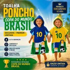 Toalha Poncho Copa Infantil Capuz Futebol Brasil Praia Piscina Unissex Chessed Macia Absorvente Seca