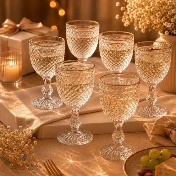 Conjunto 6 Taças de Vidro Bico de Jaca com Fio de Ouro 300ml Kit Presente Elegante  e Sofisticado Taças de Água Suco