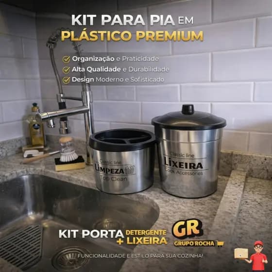 KIT organizador pia cozinha lixeira 2.800ml + porta detergente em PLASTICO PREMIUM utensílios casa multiuso