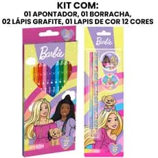 Kit Escolar Barbie com Lapis de Cor 12 cores Lapis Grafite e Borracha