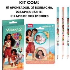 Kit Escolar Moana com Lapis de Cor 12 cores Lapis Grafite Borracha Apontador