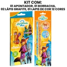 Kit Escolar Zootopia com Lapis de Cor 12 cores Lapis Grafite Apontador e Borracha