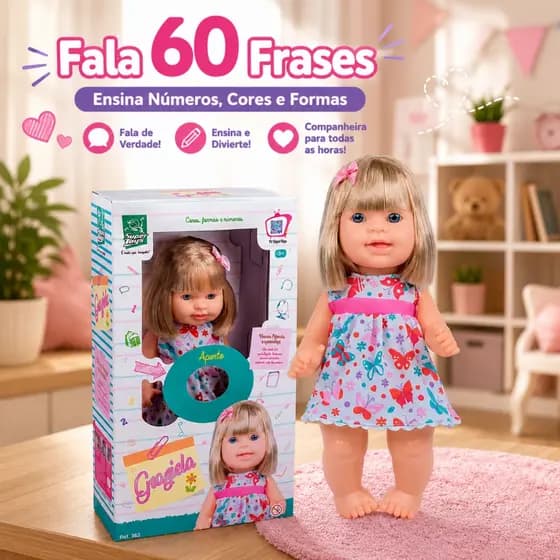 Boneca Graziela Vinil Fala 60 Frases Ensina Números Cores e Formas Super Toys