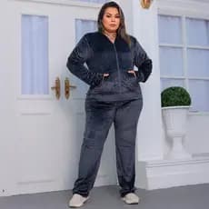 Conjunto Veludo Feminino Moletom Malha Plush Longa Plus Size