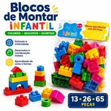Blocos de Montar Infantil Injetsul 65 Peças Colorido Educativo Brinquedo Encaixe Grande Criança +3 Anos
