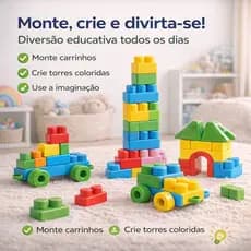 Blocos de Montar Infantil 91 Peças Grandes Educativo +18 Meses Brinquedo Criativo Colorido Com Bolsa