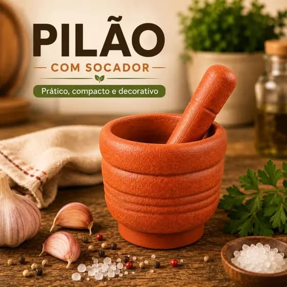Pilão Rústico Com Socador Almofariz Terracota Para Alho Temperos Cozinha Gourmet Decorativo
