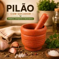Pilão Rústico Com Socador Almofariz Terracota Para Alho Temperos Cozinha Gourmet Decorativo