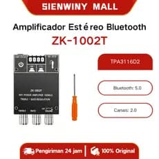 ZK-1002T Amplificador Estéreo 100W x 2 Bluetooth 5.0 com Controle de Graves e Agudos