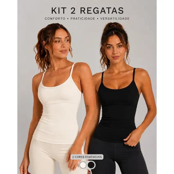 Kit com 2 Regatas Alça Fina Fitness Blusa Feminino Liso Poliamida  Slim Camiseta Tank Top Academia Verão Essencial