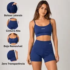 Conjunto Fitness Zero Transparencia Top Alça Alta Compressão + Short Bolso Lateral Cintura Altoa Minimalista Academia