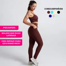Conjunto Academia Feminino Top Alça Compressão + Calça Legging com Bolso Lateral Cós Alto Poliamida Treino Crossfit