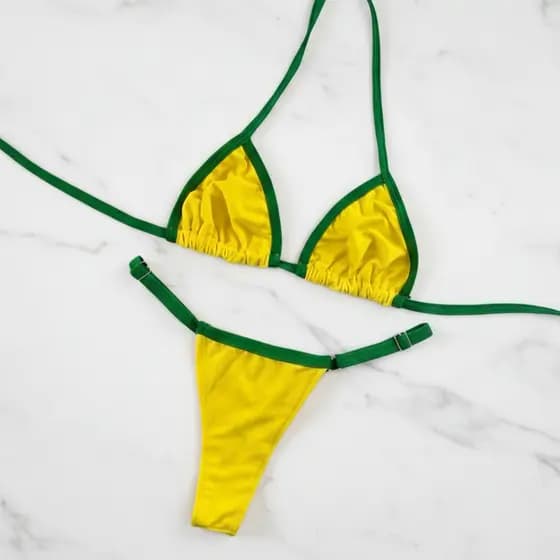 Biquíni Marquinha Bronze Fio Dental Verde Amarelo Brasil Conjunto Moda Praia Verão Tecido Premium