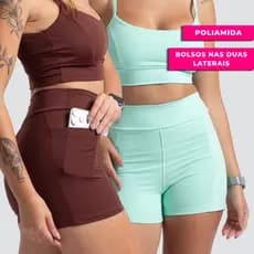 Kit 2 Shorts Fitness Bolsos Laterais Fundos Cintura Alta Poliamida Corrida Academia Feminino Crossfit Treino