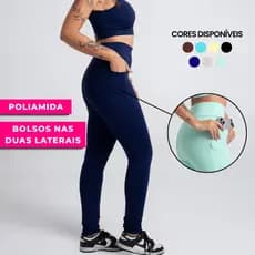 Calça Legging com Bolsos Laterais Fitness Poliamida Cintura Alta Feminina Academia Crossfit Corrida