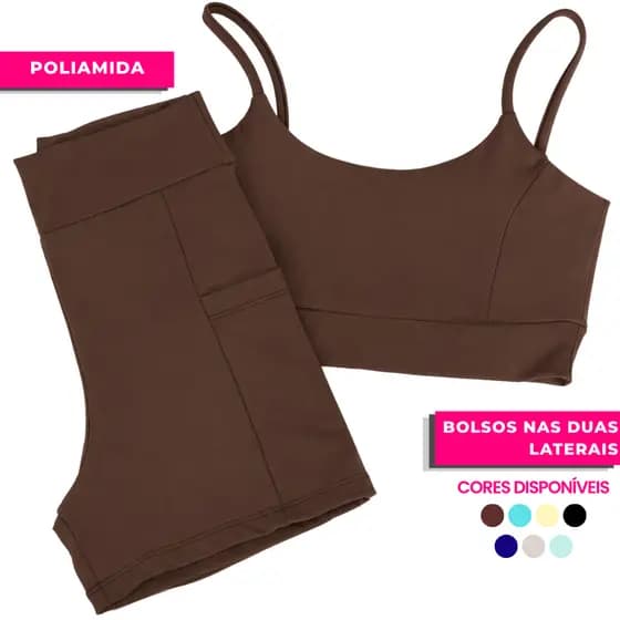 Conjunto Academia Feminino Poliamida Cintura Alta Short Bolso Lateral + Top Sustentação Fitness Treino Welness