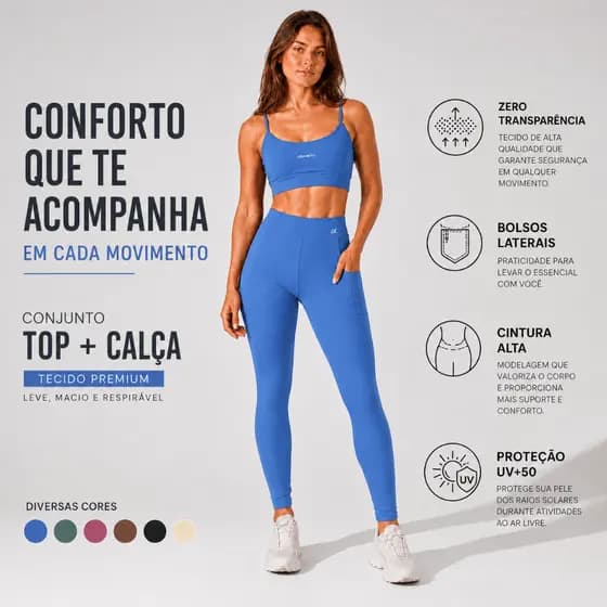 Conjunto Fitness Zero Transparencia Top Alça Alta Compressão + Calça Bolso Lateral Cintura Altoa Minimalista Academia