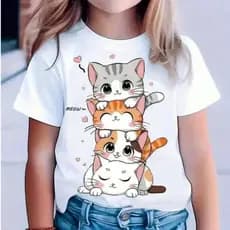 Camiseta Infantil Gatinhos Fofos 100% Algodão Manga Curta Feminina Casual