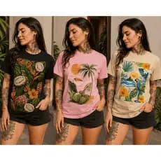Kit 3 Camisetas Femininas 100% Algodão Estampadas Casual Premium