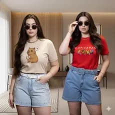 Kit 2 Camisetas Femininas Capivara 100% Algodão Estampas Divertidas Casual Tradicional