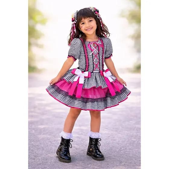 Vestido Caipira Festa Junina Infantil Menina Quadrilha São João  Rodado Luxo Xadrez Preto