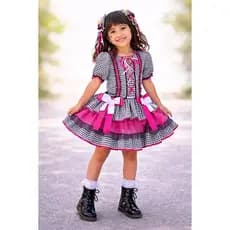 Vestido Caipira Festa Junina Infantil Menina Quadrilha São João  Rodado Luxo Xadrez Preto