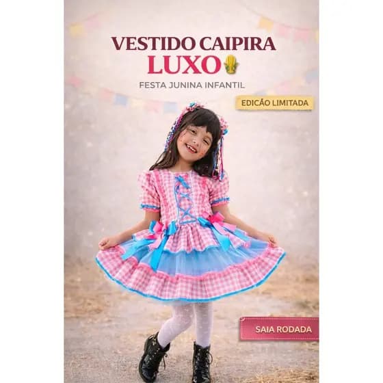 Vestido Infantil de Quadrilha Festa Junina Luxo Menina Rodado Caipira Xadrez São João Rosa Arraia