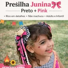 Presilha Junina Infantil Laço Xadrez Preto Pink Kit 2 Unidades Festa Caipira Menina