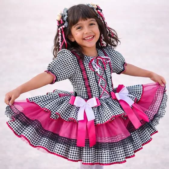 Vestido Caipira Junino Infantil Rodado Com Renda E Laços Lindo Preto e Rosa