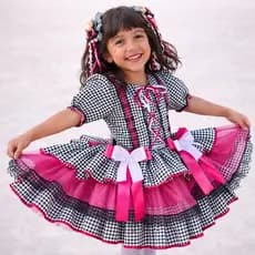 Vestido Caipira Junino Infantil Rodado Com Renda E Laços Lindo Preto e Rosa