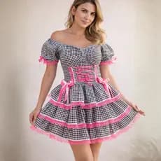 Vestido Junino Feminino Adulto Xadrez Preto Rosa com Laços Festa Caipira