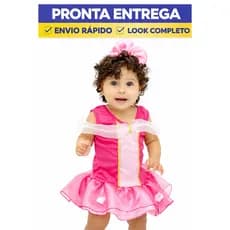 Fantasia Princesa Aurora Bebê Vestido Princesa Rosa Infantil Mesversário Bela Adormecida