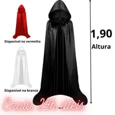 Capa Preta com Capuz Cetim Brilhante – Ideal para Cosplay, Teatro, Festa à Fantasia e Ensaio Halloween