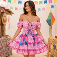 Vestido Caipira Adulto Rosa e Azul Xadrez Rodado Look Festa Junina