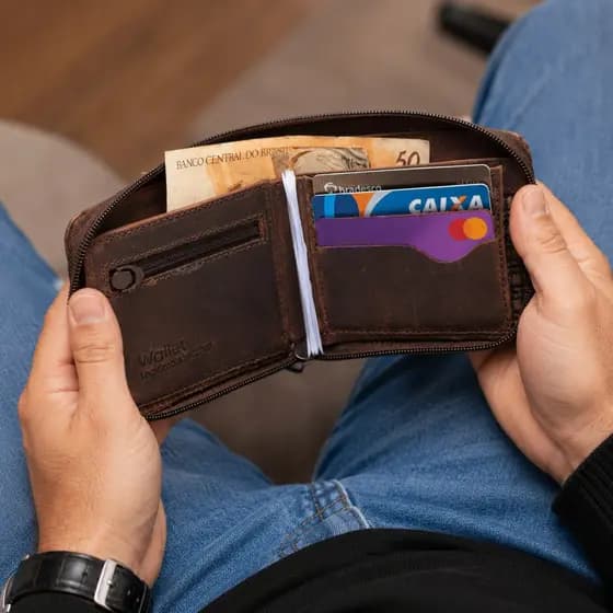 Carteira Masculina Grande Couro Legitimo Compacta Porta Cartões Moedas Zíper