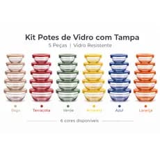 Conjunto Kit 5 Potes De Vidro Com Tampa Colorida Vasilhas Tigelas Bowls Marmita