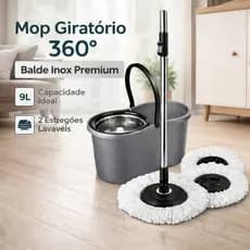 Mop Giratório 360 Cesto Inox 9L Com 2 Refis Microfibra Limpeza Profissional Premium