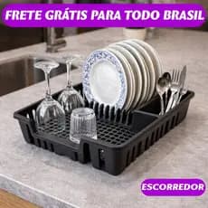 Escorredor de Louça Preto 12 Pratos Porta Talheres Integrado Espaço para Copos Organizador Cozinha