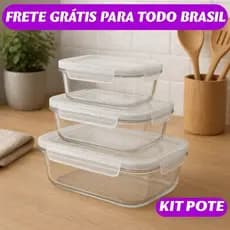 Jogo 3 Potes de Vidro Tampa Marmita Freezer e Micro-ondas Herméticos Porta Mantimentos Comida