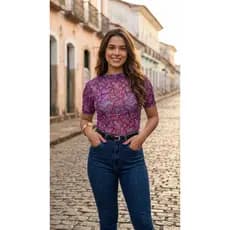 blusa de tule feminina manga curta estampada