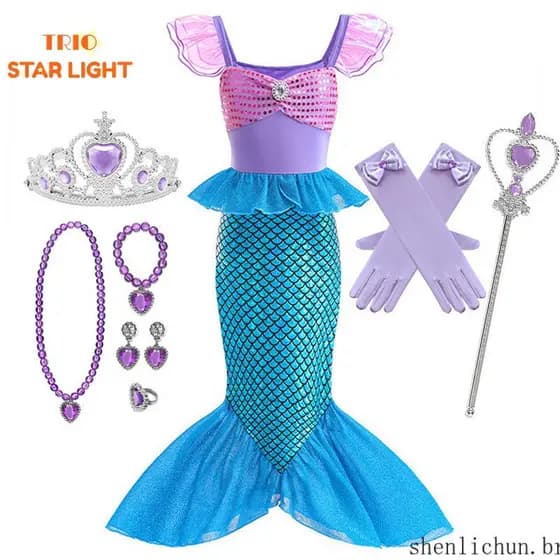Fantasia de Sereia para Meninas, Vestido de Festa de Aniversário Infantil, Cosplay da Princesa Ariel da Disney KJH3